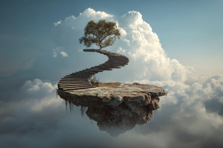 A dreamlike landscape featuring a levitating landmass, spiraling stairs ascending to a solitary...