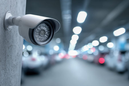 A sleek surveillance device affixed to a textured concrete surface overlooks an illuminated parking...