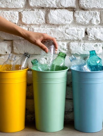 Brightly colored containers line a white brick backdrop, organizing discarded plastic bottles to promote eco-friendly habits and sustainability efforts.の写真素材