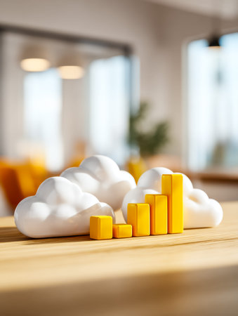 Bright indoor scene with playful cloud-themed blocks and rising yellow bars arranged on a natural...