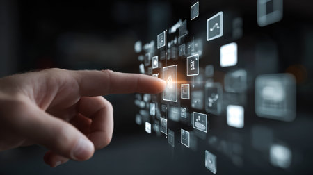 A human hand elegantly taps a futuristic digital dashboard teeming with varied tech symbols,...