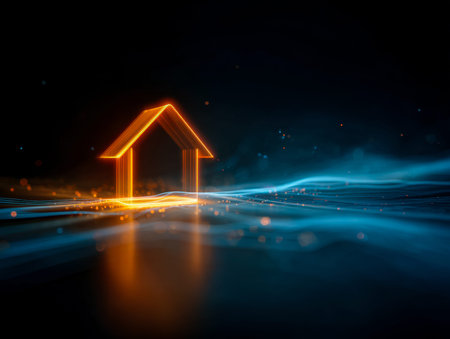 A luminous house symbol emitting vibrant blue and green shades, illustrating connectivity and innovation within modern automation systems, set againstの写真素材