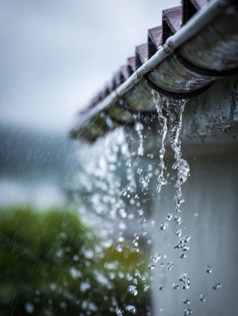 Motion of raindrops cascading from a gutter, frozen in time to reveal the fluid movement and lively...