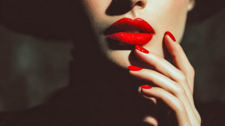 A striking focus on a woman's expressive lips painted in vivid crimson, complemented by meticulously manicured nails matching the bold hue, radiating confidence.の写真素材