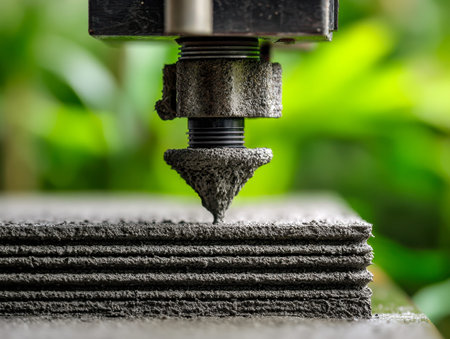 A cutting-edge 3d printing device creates intricate cement structures amidst lush greenery,...