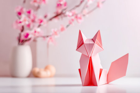 A delicate pink paper fox crafted through precise origami folds, set against soft cherry blossom branches that exude elegance and serenity.の写真素材