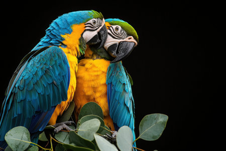 Vividly feathered parrots with striking hues rest on a leafy branch, creating a vibrantly contrast...