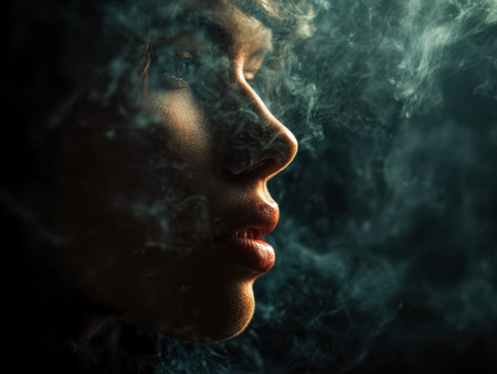 A thoughtful woman's silhouette emerges through smoky haze, capturing a serene yet enigmatic aura perfect for introspection or moody visuals.のeditorial素材