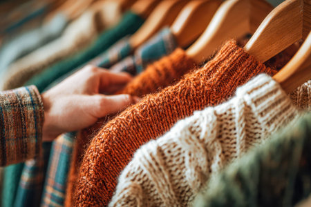 A shopper examines soft, woolen garments arranged on rustic wooden hangers, surrounded by warm...