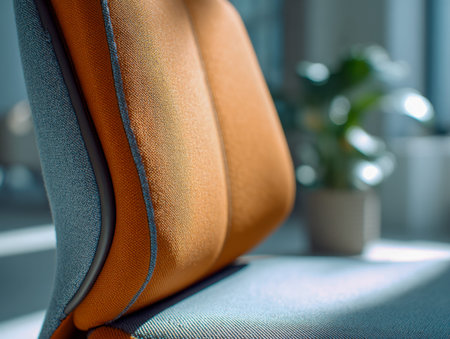 A sleek, modern workspace features a vibrant orange and gray ergonomic seat complemented by ample natural light streaming through expansive windows, inspiring productivitの写真素材