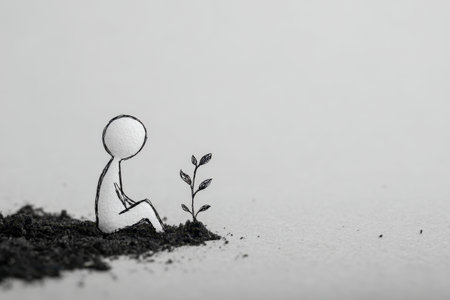 A sleek, understated silhouette of a person seated in contemplation beside a sprouting plant, embodying serenity, personal development, and introspective growth against aのeditorial素材