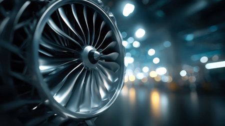 A detailed view of a sleek, high-tech turbine inside a bustling transportation facility, capturing...