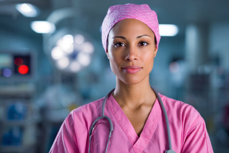 A poised healthcare worker in vibrant pink attire, donning a surgical cap and holding a stethoscope, stands confidently amid bright, sterile hospital surroundings.のeditorial素材