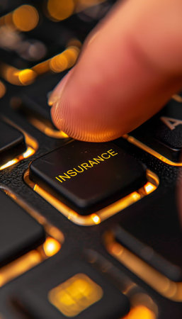 Close-up of finger typing insurance on black and gold keyboard in high resolution