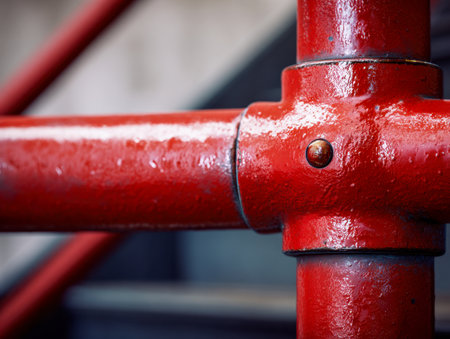 Close-up of crimson-hued metal connectors highlighting rugged industrial craftsmanship amid a softly blurred cityscape backdrop.の写真素材