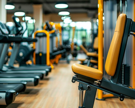 Interior of a fitness hall with row of exercise machines. Selective focus