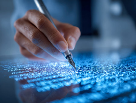 A focused hand guides a fountain pen across a surface, amidst luminous blue digital streams and...