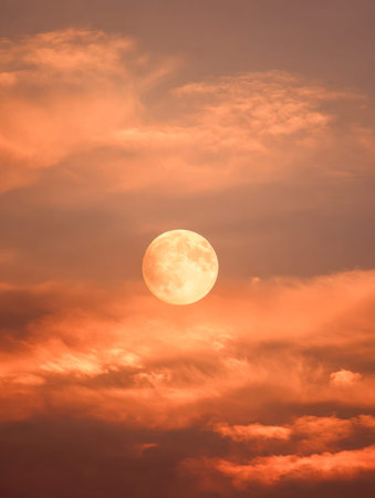 A luminous full moon rises softly against a peaceful sky streaked with gentle orange and pink hues,...