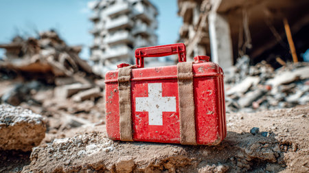 An aged medical supply box with a prominent white cross symbol lies amid debris and crumbled...