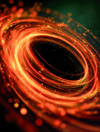 A mesmerizing burst of luminous particles spirals in a fiery dance, forming a captivating circular...