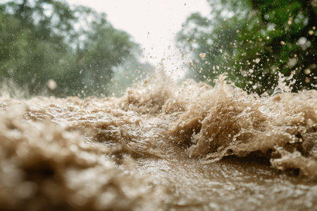 Chaotic, muddy currents surge fiercely, sending spray into the air, while hazy trees and a luminous...
