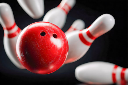 A bold red bowling ball crashes into striped white pins, capturing the energy and focus of...