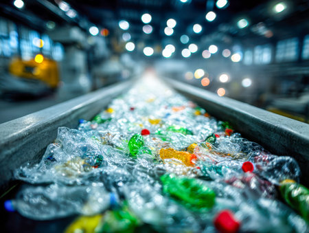 Vibrant plastic bottles glide along a busy processing line beneath glamping overhead illumination,...