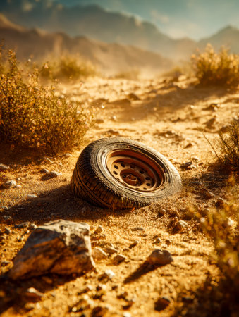 A solitary rubber wheel lies amid arid, uneven ground, with distant peaks under a vast, empty sky,...