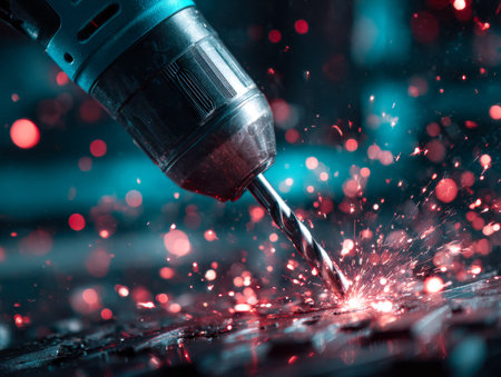 A focused metal drill bit pierces a surface, sending vibrant sparks into the air, capturing the...