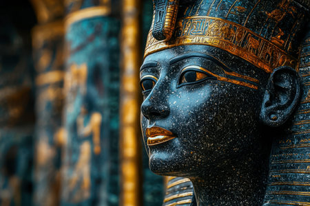 An exquisite ancient sculpture featuring a regal figure's face adorned with an intricate headdress...