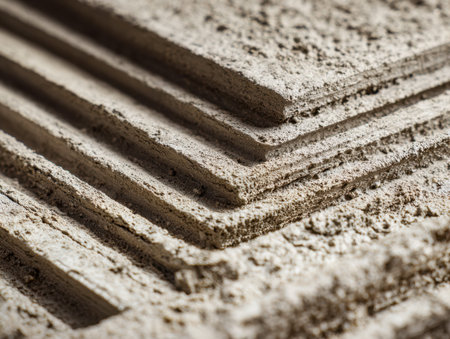 A detailed view of layered concrete blocks, highlighting their rugged surface and subtle...