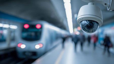 A sleek, contemporary camera surveys a bustling underground transit hub as travelers board and...