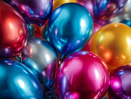 A lively array of shiny, colorful balloons soaring together, creating a festive atmosphere perfect...