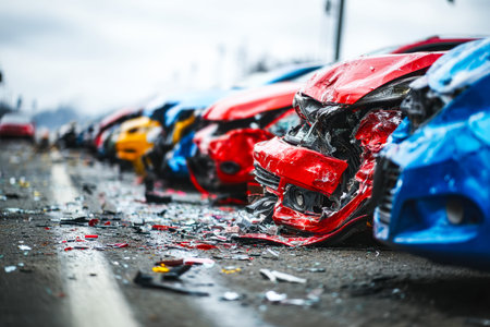 A row of ruined high-performance vehicles lying amidst scattered wreckage, capturing the aftermath...
