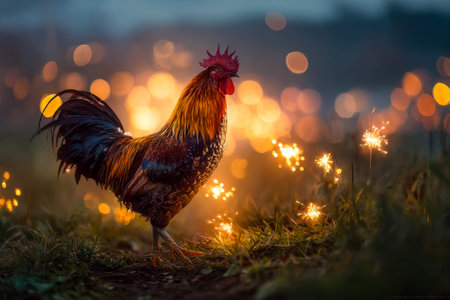A vibrant rooster stands proudly as brilliant fireworks cast shimmering patterns around it, set against a softly blurred twilight sky creating a festive atmosphere.の写真素材