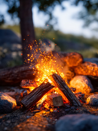 Flickering flames and shimmering coals illuminate rugged timber beneath a starlit sky, creating a...
