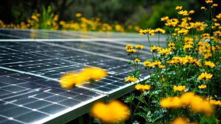 Bright solar collectors harmonize with a field of cheerful yellow blooms, blending sustainable...