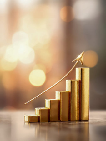 A shimmering gold bar graph rises progressively, topped with an upward arrow, set against a luminous, abstract backdrop representing prosperity and strategic achievement.の写真素材