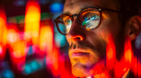 A striking close-up revealing a person?s face framed by reflective glasses, awash in vivid neon hues that evoke a sleek, avant-garde urban vibe.のeditorial素材