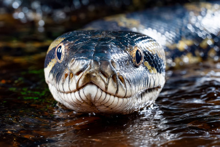 A striking reptile's head breaks the water's surface, its piercing eyes and textured scales conveying power and silent anticipation amidst ripples.の写真素材