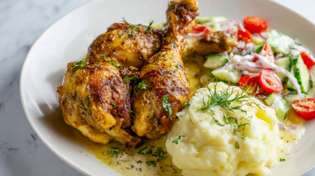 Juicy, golden-brown chicken legs paired with smooth mashed potatoes and a vibrant, herb-topped cucumber and tomato mix create an inviting, wholesome meal.の写真素材