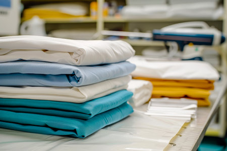 Close up of folded shirts on a shelf.の写真素材