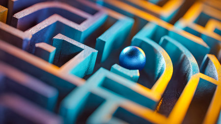 Vibrant labyrinth with intricate pathways, featuring a reflective metallic globe gliding through...