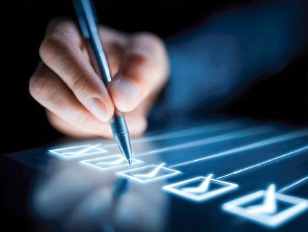 An individual utilizes a stylus to check off items on a vibrant, backlit digital task list,...