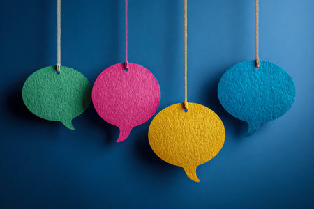 Vibrant, textured speech icons in red, yellow, green, and blue, suspended against a deep blue...