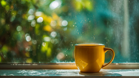 A vibrant yellow mug cradle a steaming drink, basking in gentle morning rays on a windowsill, with...