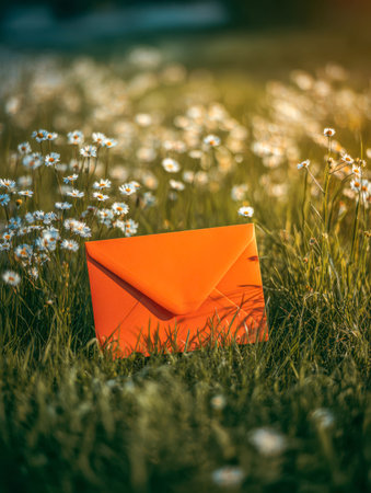 A vibrant orange mailer lies nestled in lush grass surrounded by blooming daisies, bathed in warm...