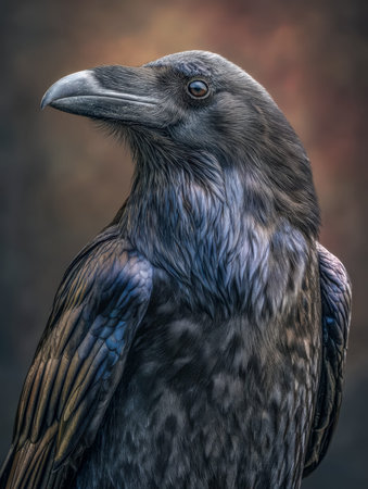 Intricate layers of glossy black plumage highlight the raven's striking features, with piercing eyes...