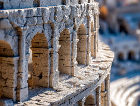 Sunlit weathered stone arches highlight timeless craftsmanship amidst a historic amphitheater, contrasting textured relics with a soft-focus audience area.のeditorial素材