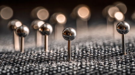 Reflective silver pins poised vertically on rough gray cloth, their sleek surfaces contrasting with the textured background, capturing an artistic focus on tailoring detaの写真素材